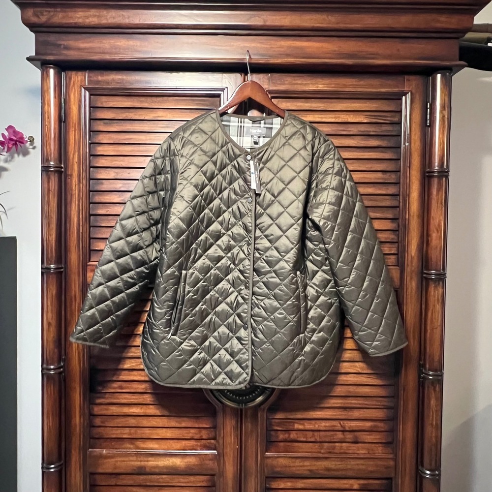 NWT MARTHA STEWART Women's Barn Lightweight Quilted Jacket Snap Closure Olive XL